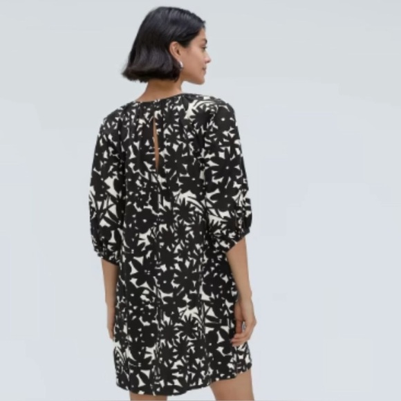 Everlane Black White Floral Seersucker Dress 3/4 Sleeve Pockets XXS - Picture 2 of 15